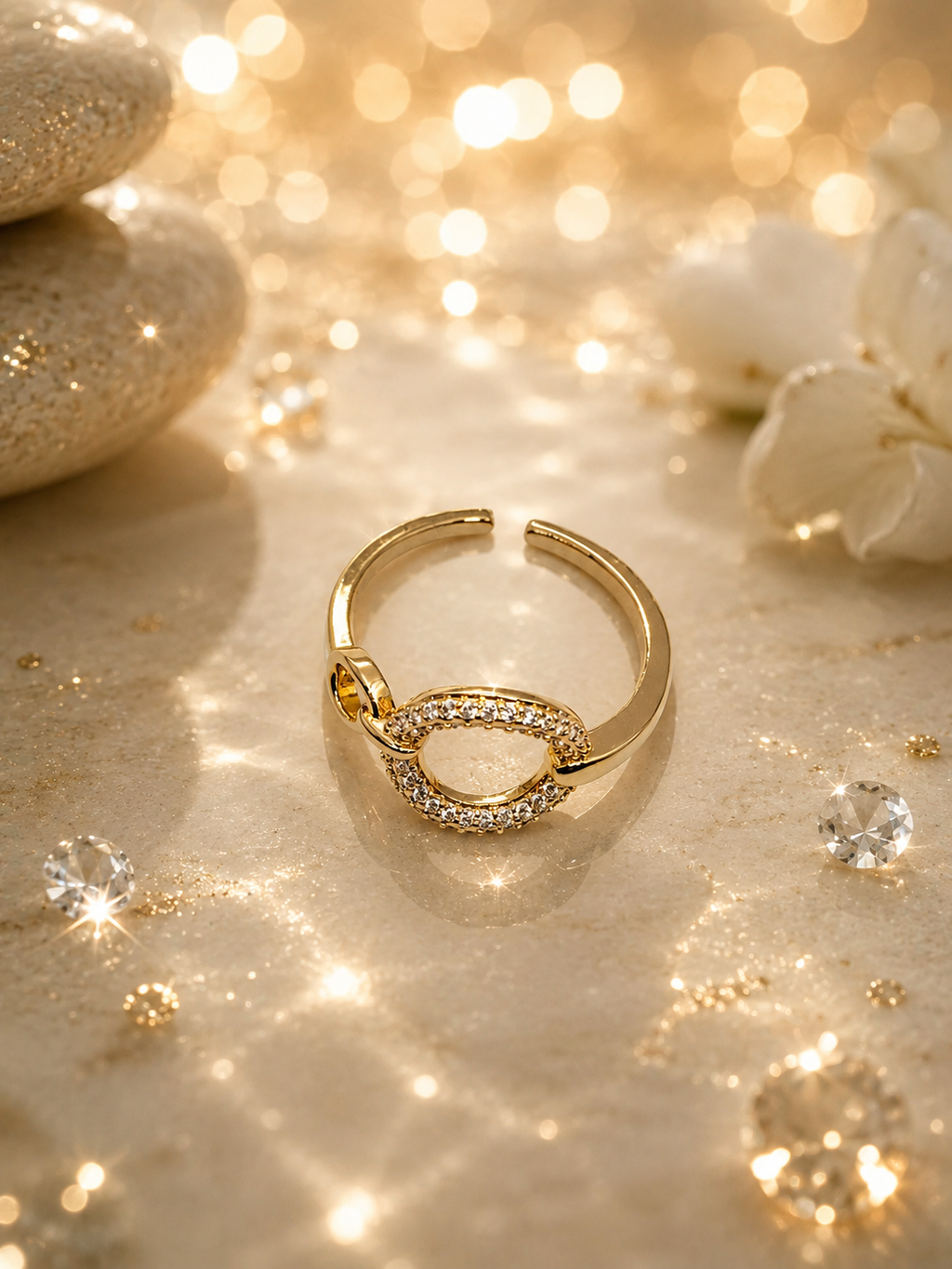 Bague ouverte acier inoxydable et zircon rond dorée