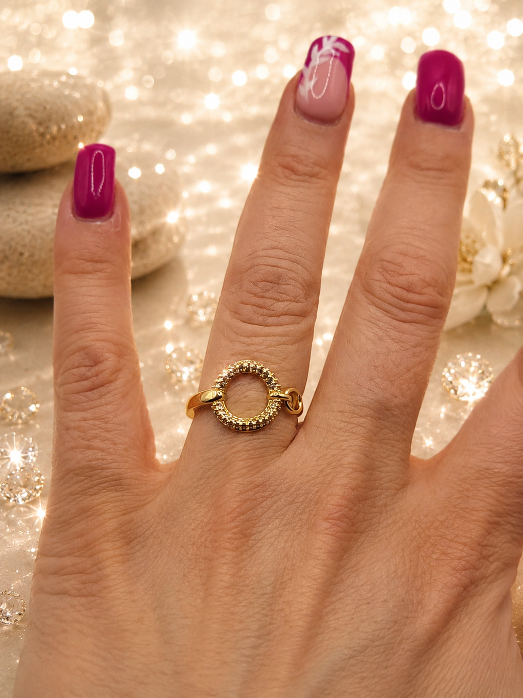 Bague ouverte acier inoxydable et zircon rond dorée