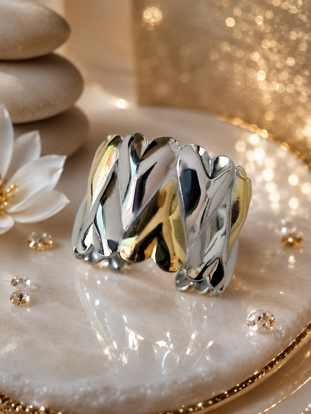 Anello largo cuori sovrapposti dorato e argentato
