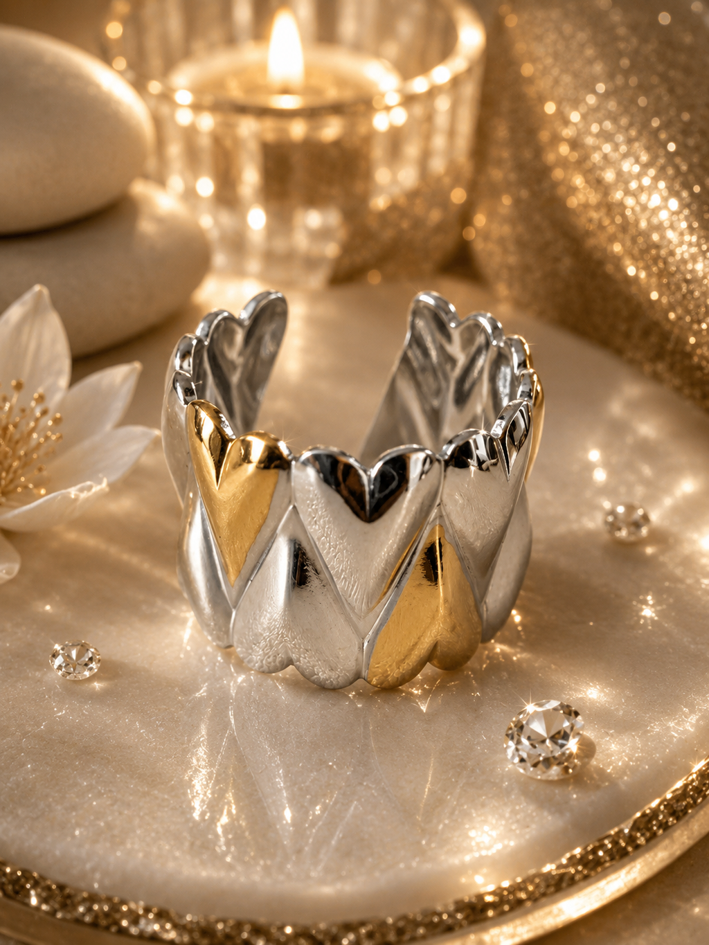 Anello largo cuori sovrapposti dorato e argentato