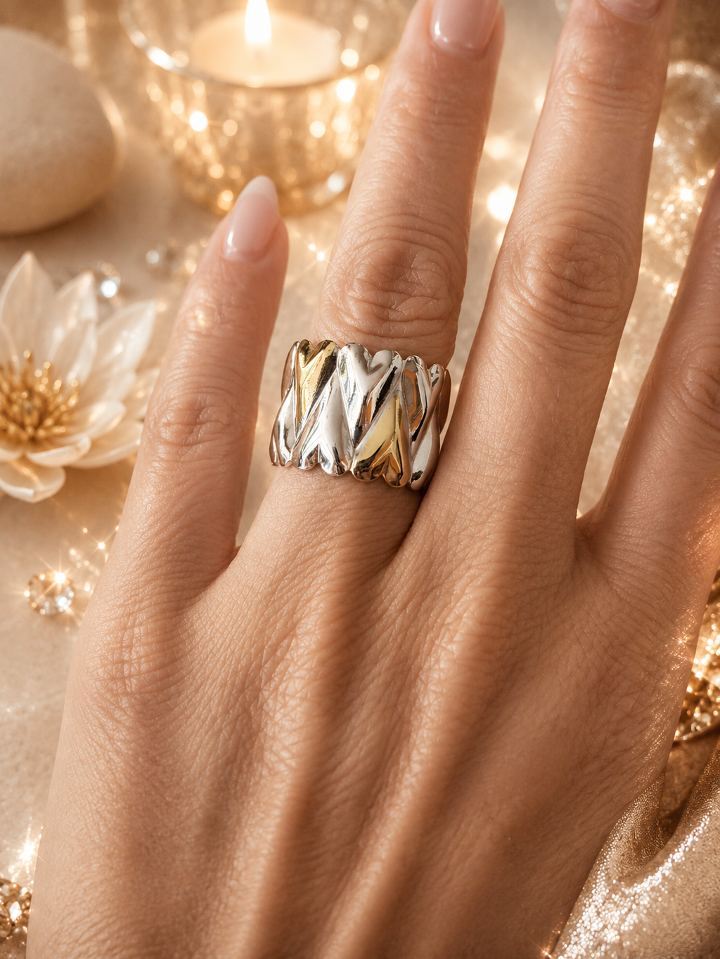 Anello largo cuori sovrapposti dorato e argentato