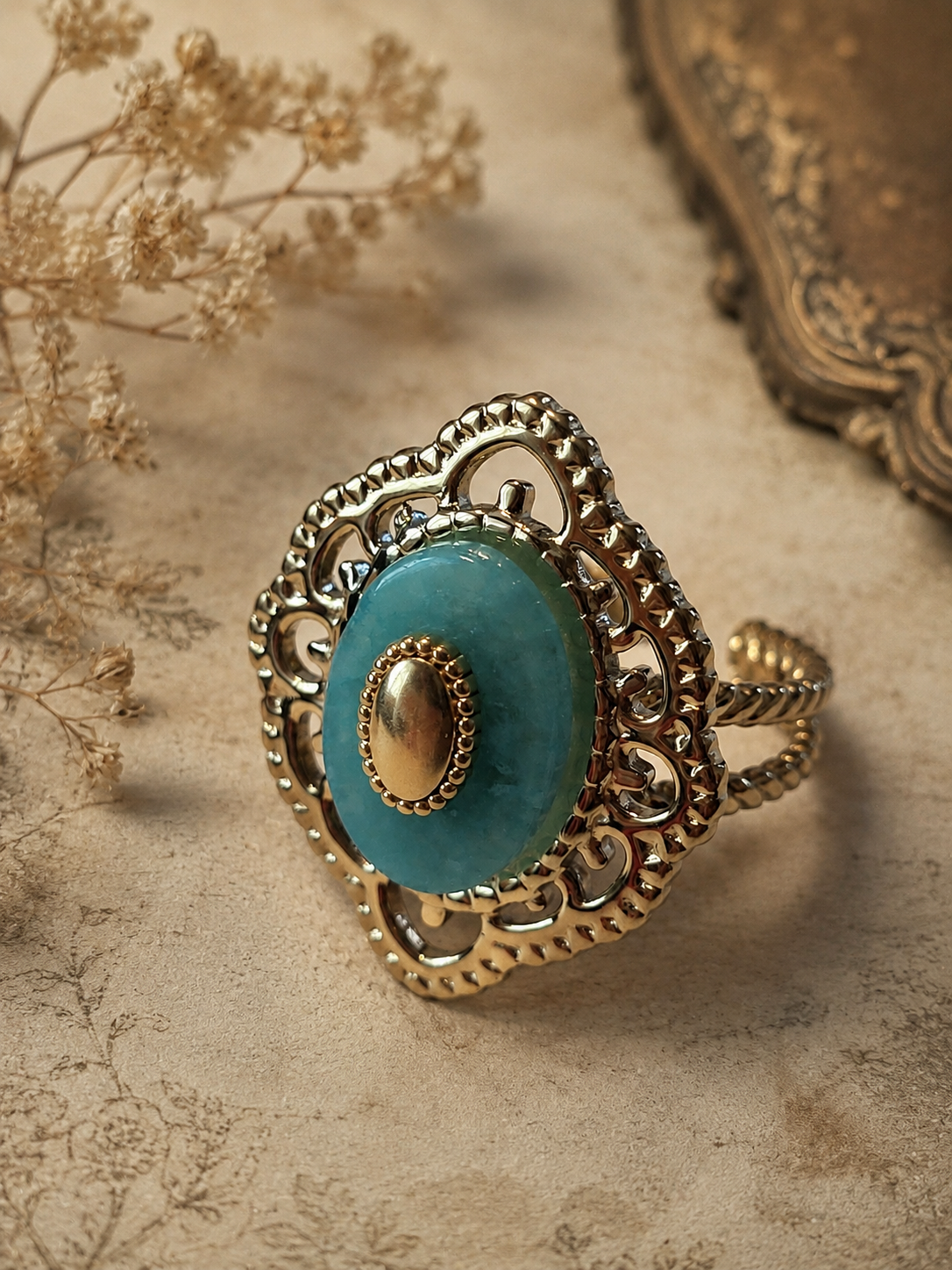 Bague Vintage Dorée Ajustable Pierre Turquoise – Acier Inoxydable Résistant à l'Eau