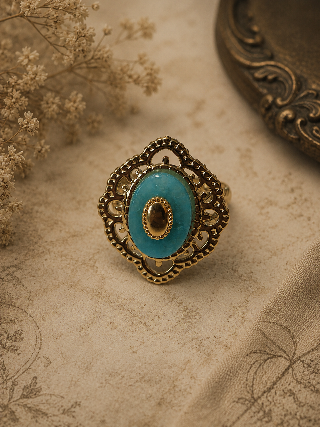 Bague Vintage Dorée Ajustable Pierre Turquoise – Acier Inoxydable Résistant à l'Eau