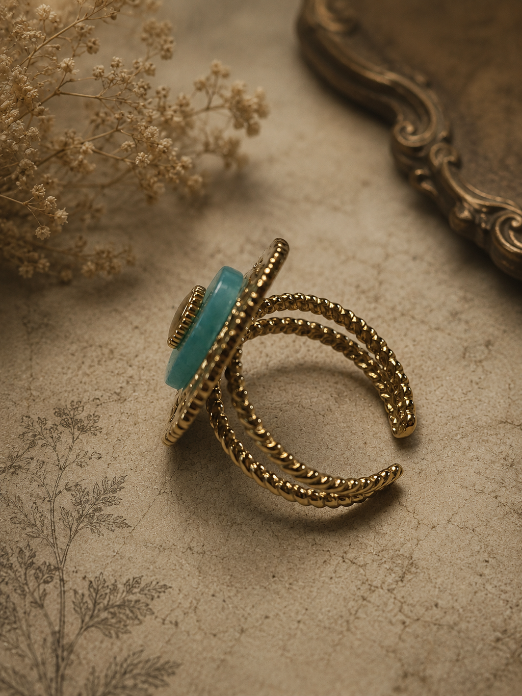 Bague Vintage Dorée Ajustable Pierre Turquoise – Acier Inoxydable Résistant à l'Eau