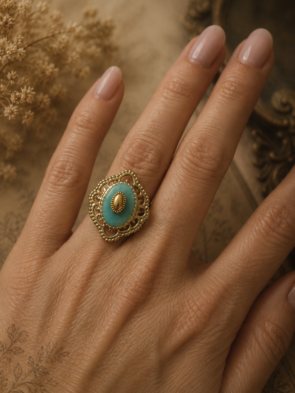 Bague Vintage Dorée Ajustable Pierre Turquoise – Acier Inoxydable Résistant à l'Eau