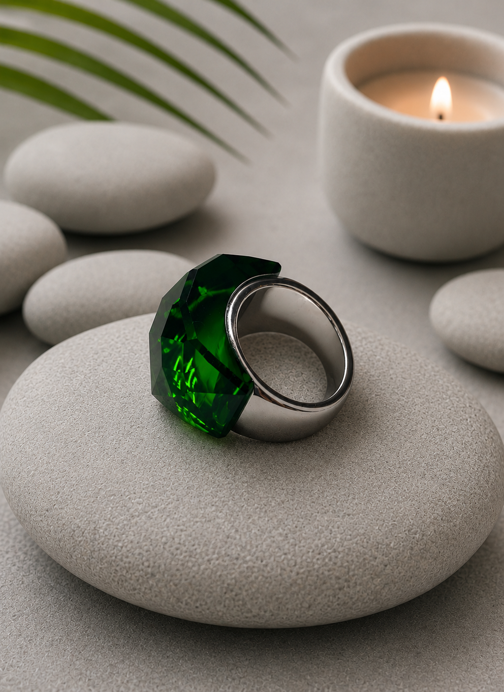 Bague en acier inoxydable argentée avec cristal vert – Taille 57 | Bagatelle
