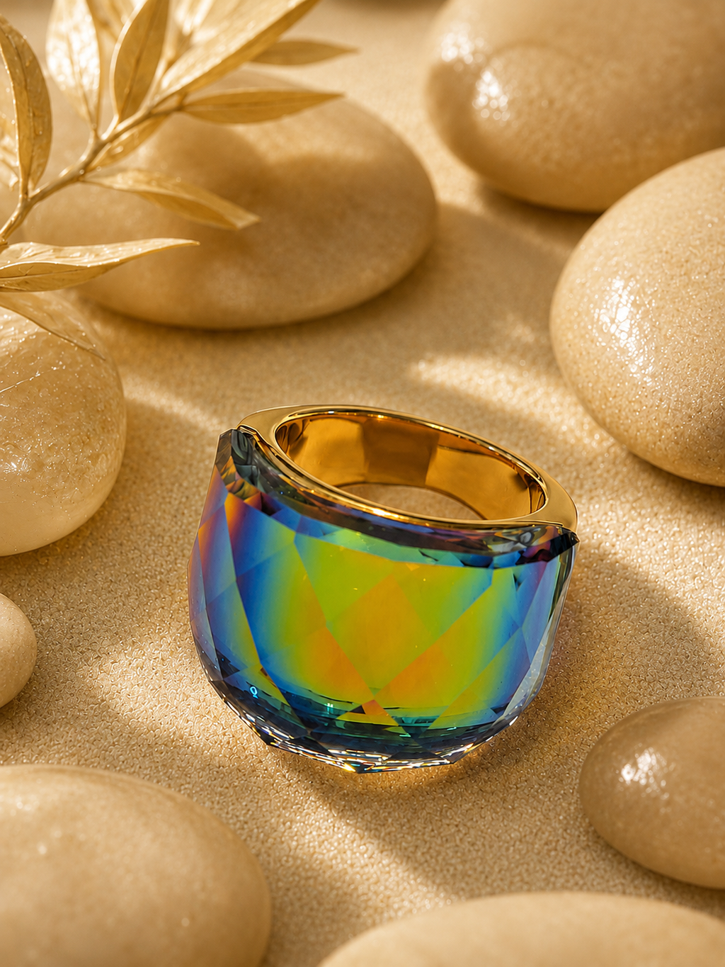 Anello in acciaio inossidabile dorato con cristallo arcobaleno taglia 8
