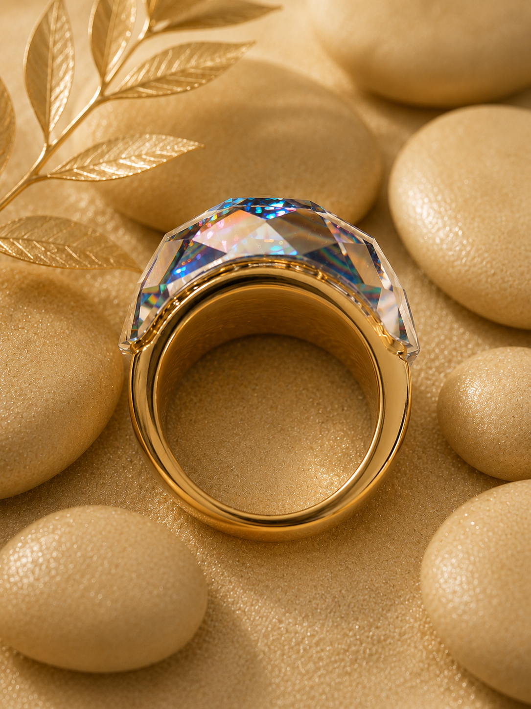 Anello in acciaio inossidabile dorato con cristallo arcobaleno taglia 8