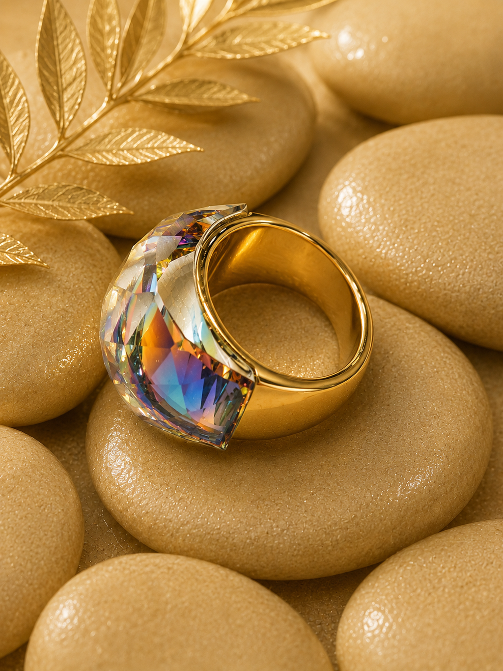 Anello in acciaio inossidabile dorato con cristallo arcobaleno taglia 8