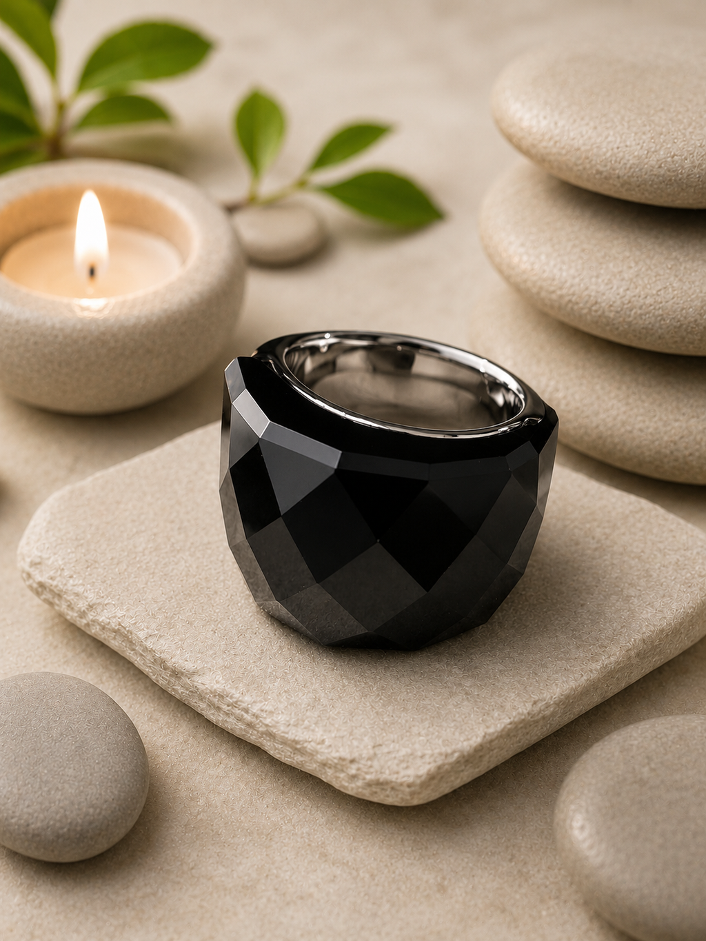 Bague en acier inoxydable argentée avec cristal noir – Taille 57 | Bagatelle