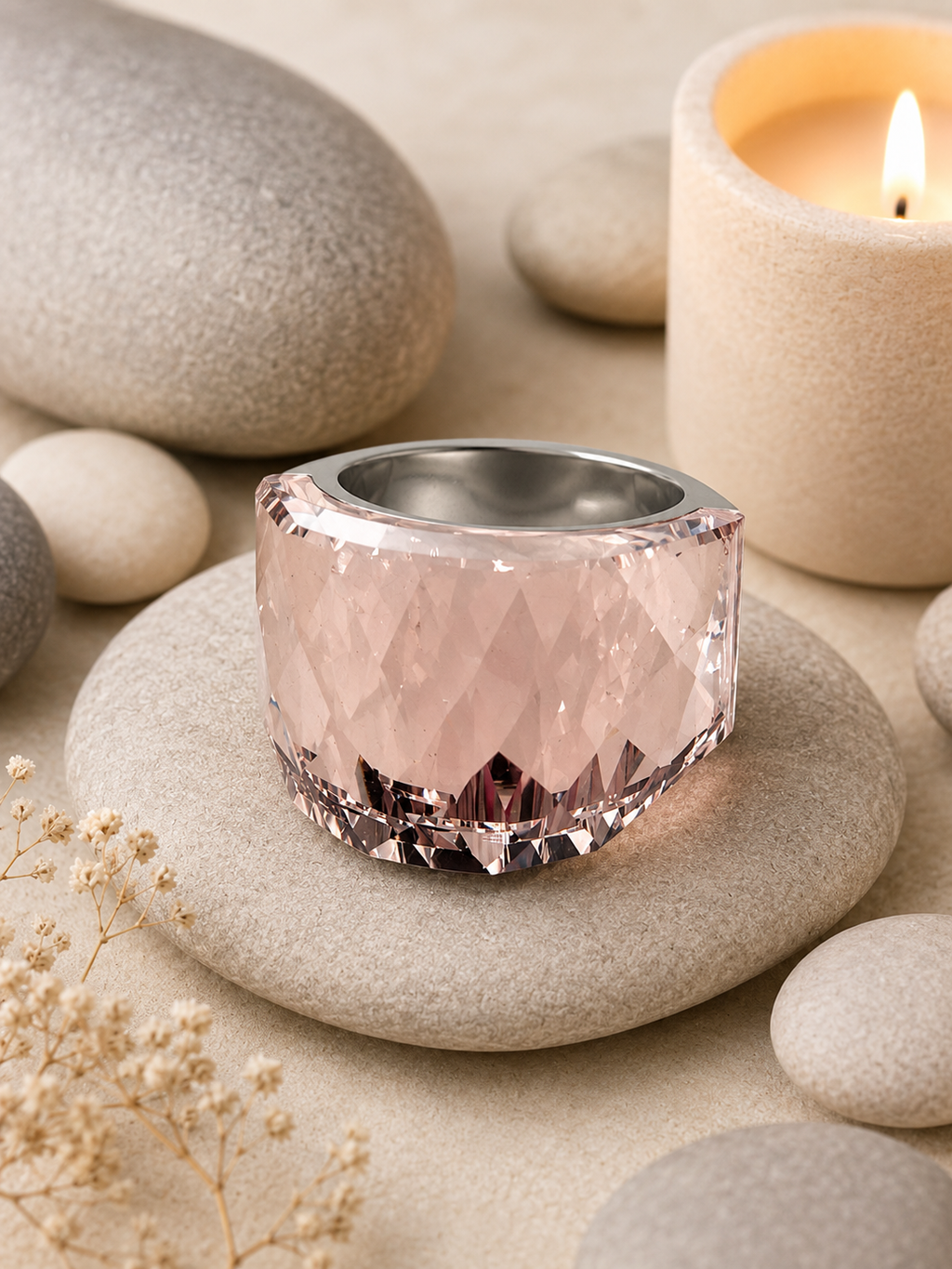 Bague en acier inoxydable argentée avec cristal rose jaune – Taille 57 | Bagatelle
