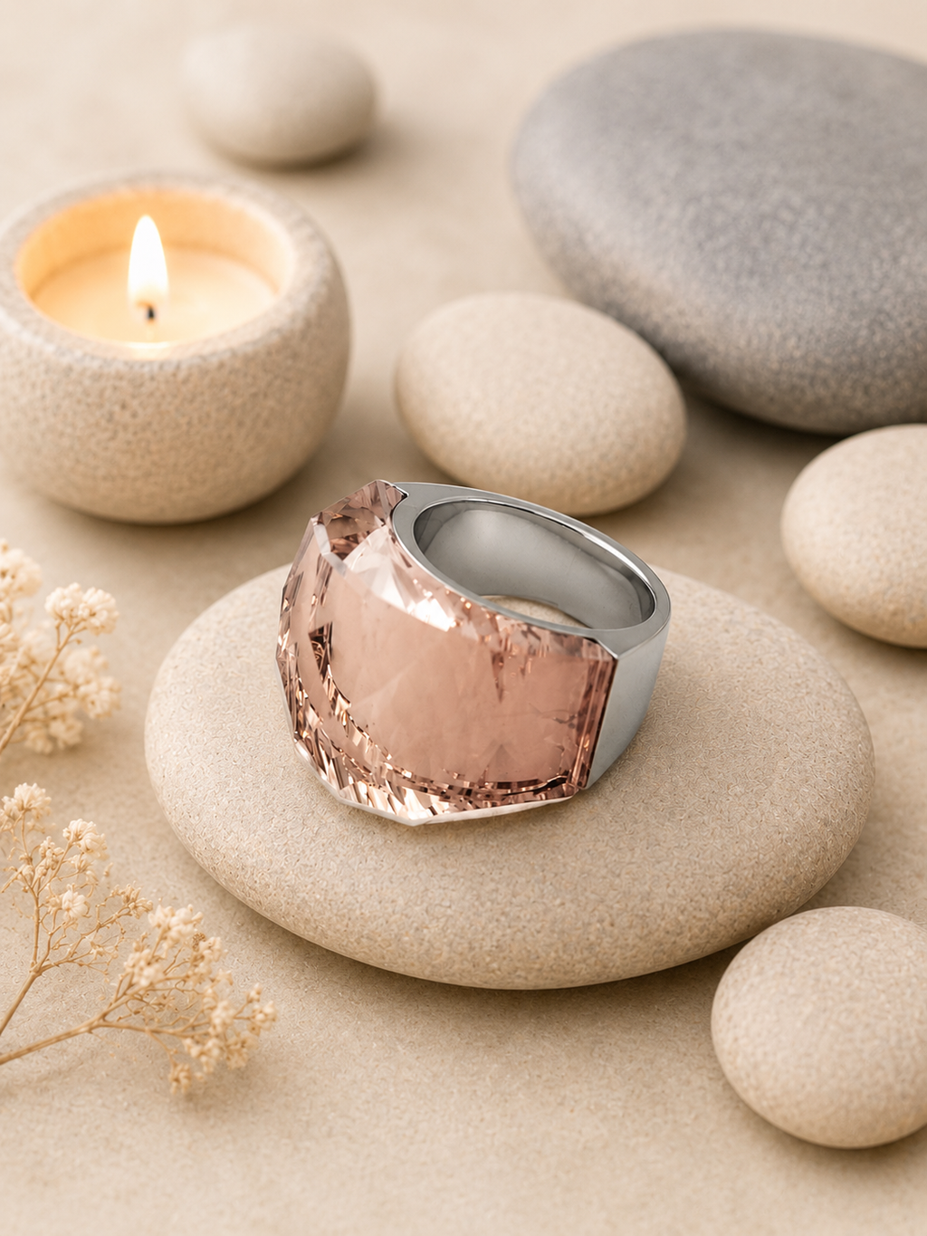 Bague en acier inoxydable argentée avec cristal rose jaune – Taille 57 | Bagatelle