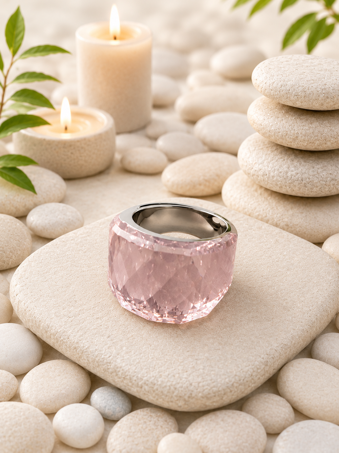 Bague en acier inoxydable argentée avec cristal rose – Taille 57 | Bagatelle