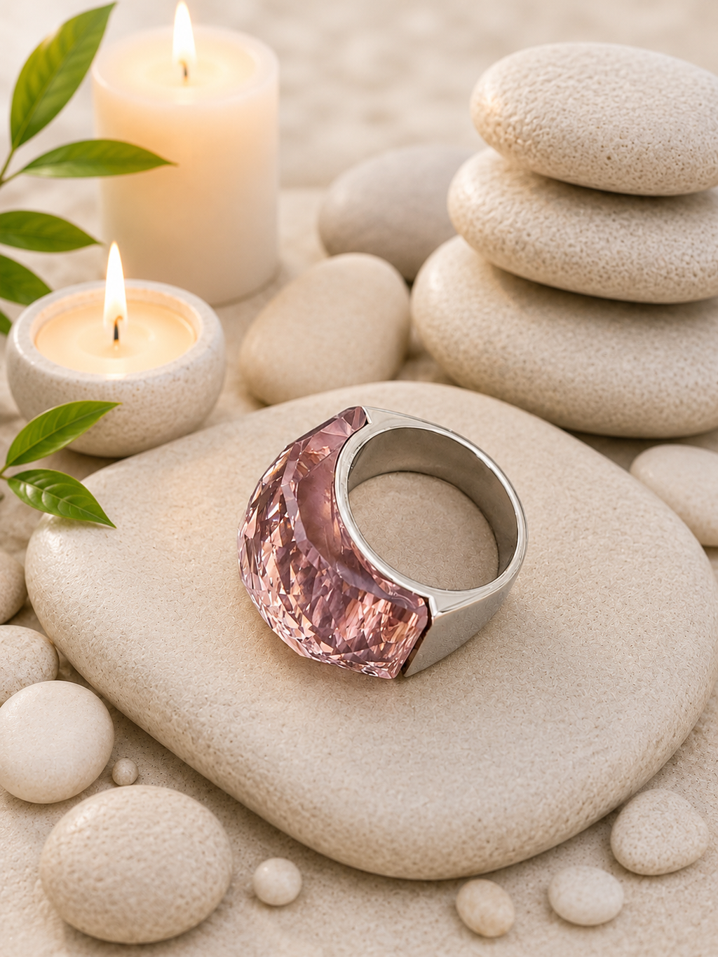 Bague en acier inoxydable argentée avec cristal rose – Taille 57 | Bagatelle
