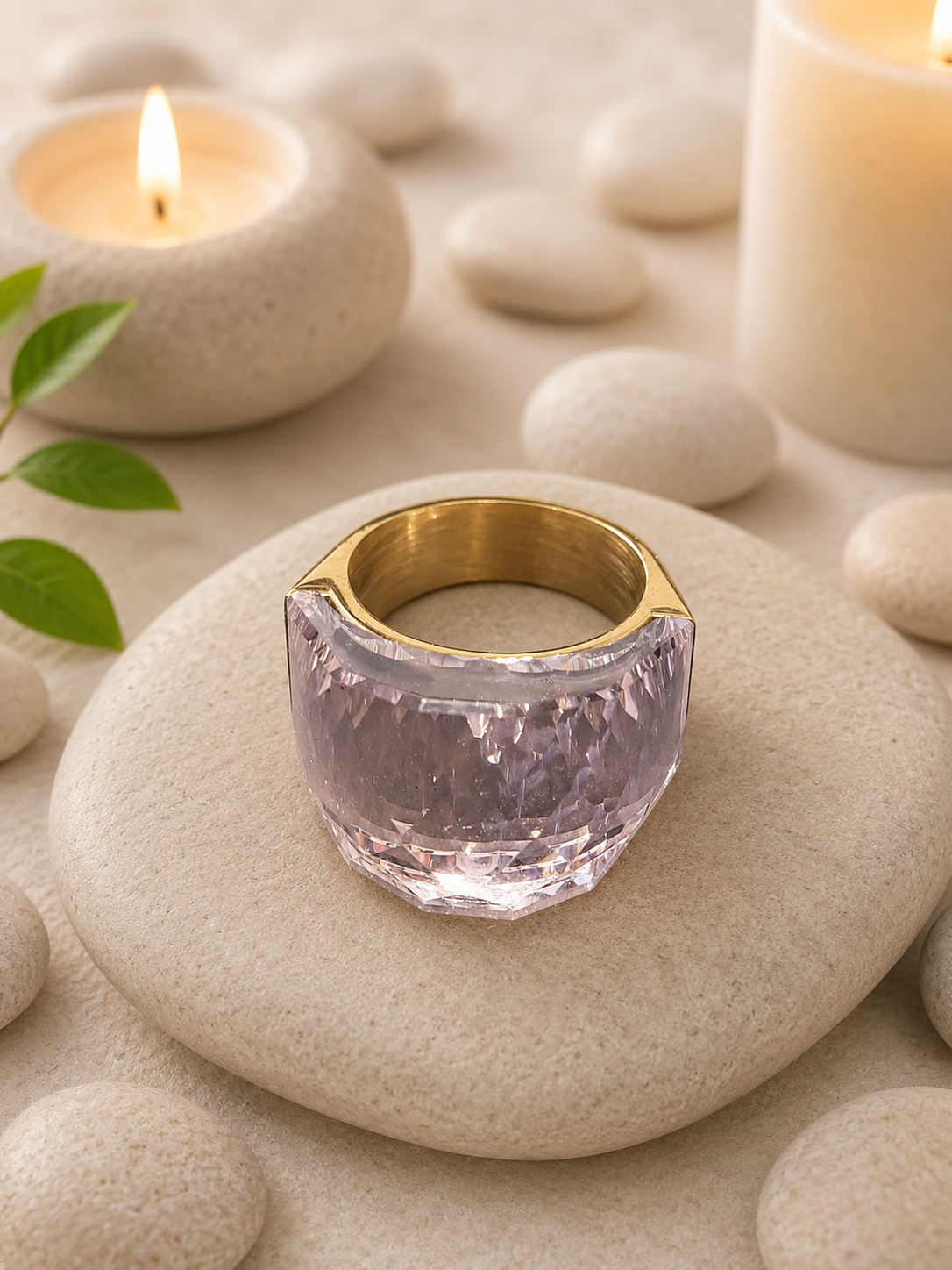 Bague acier inoxydable doré avec pierre Cristal Rose Taille 8