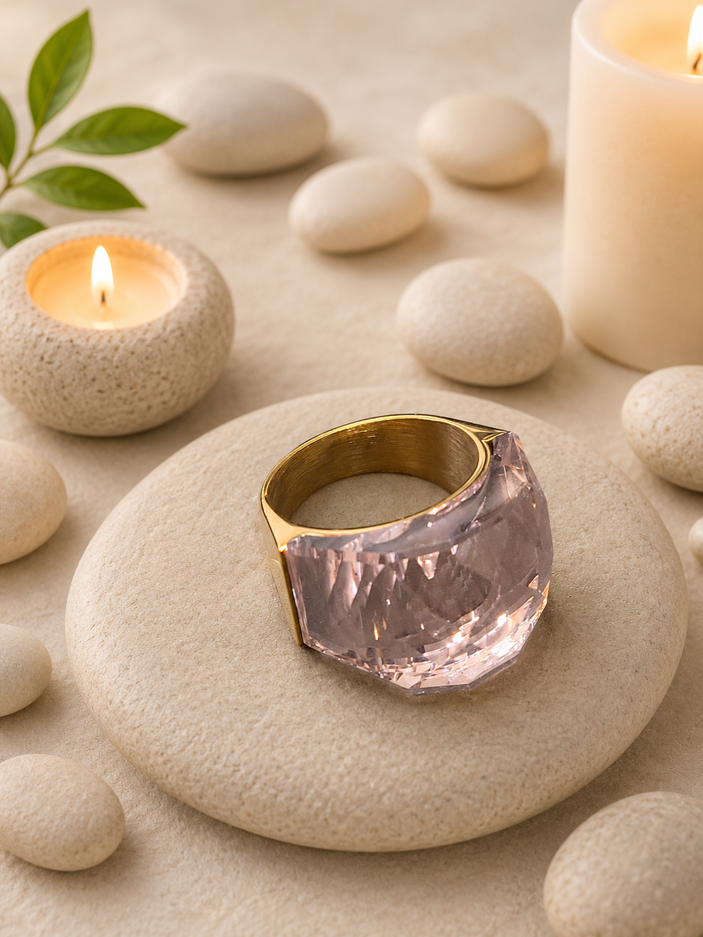 Bague acier inoxydable doré avec pierre Cristal Rose Taille 8