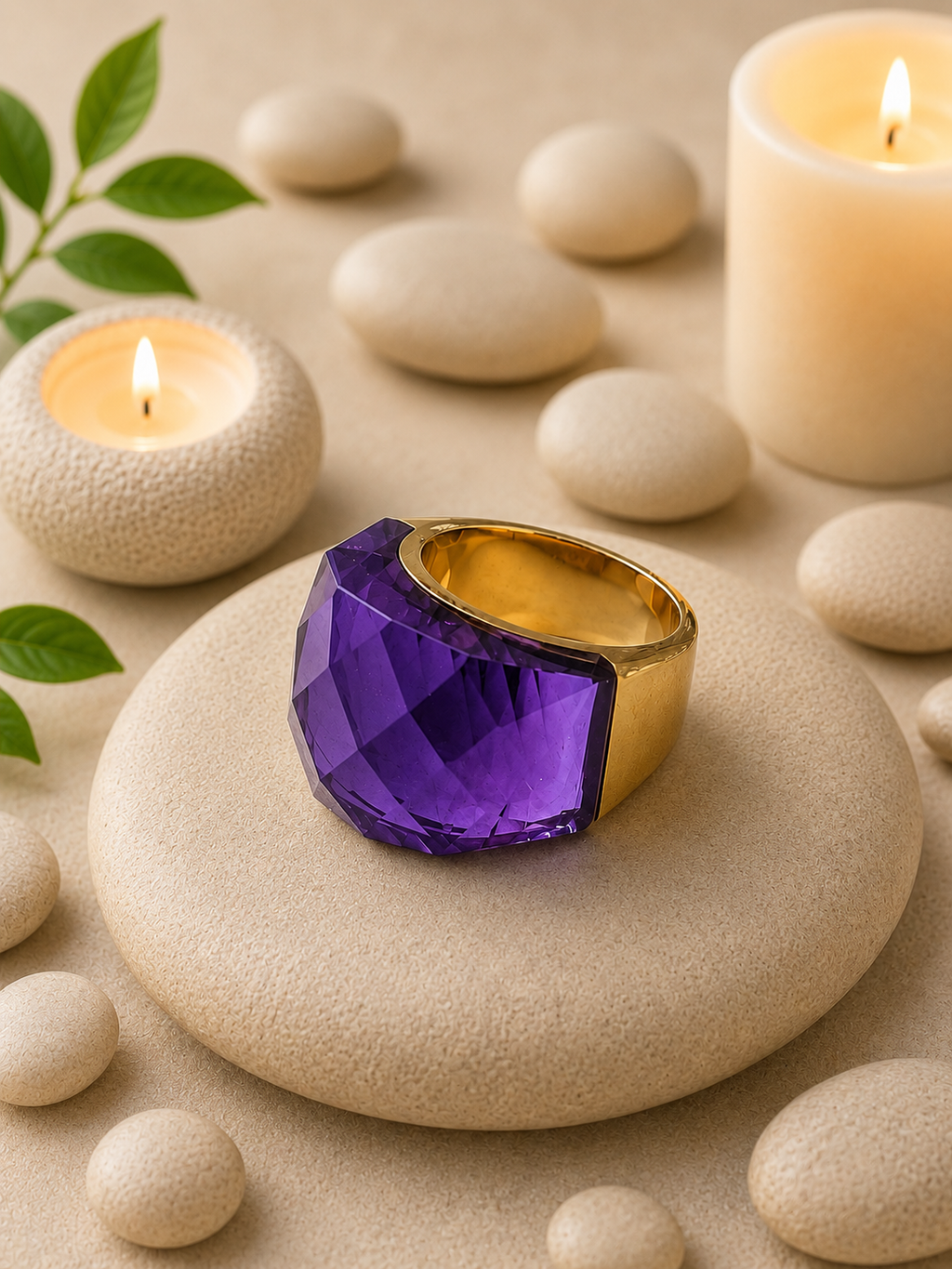 Bague acier inoxydable doré avec pierre Cristal Violet Taille 9