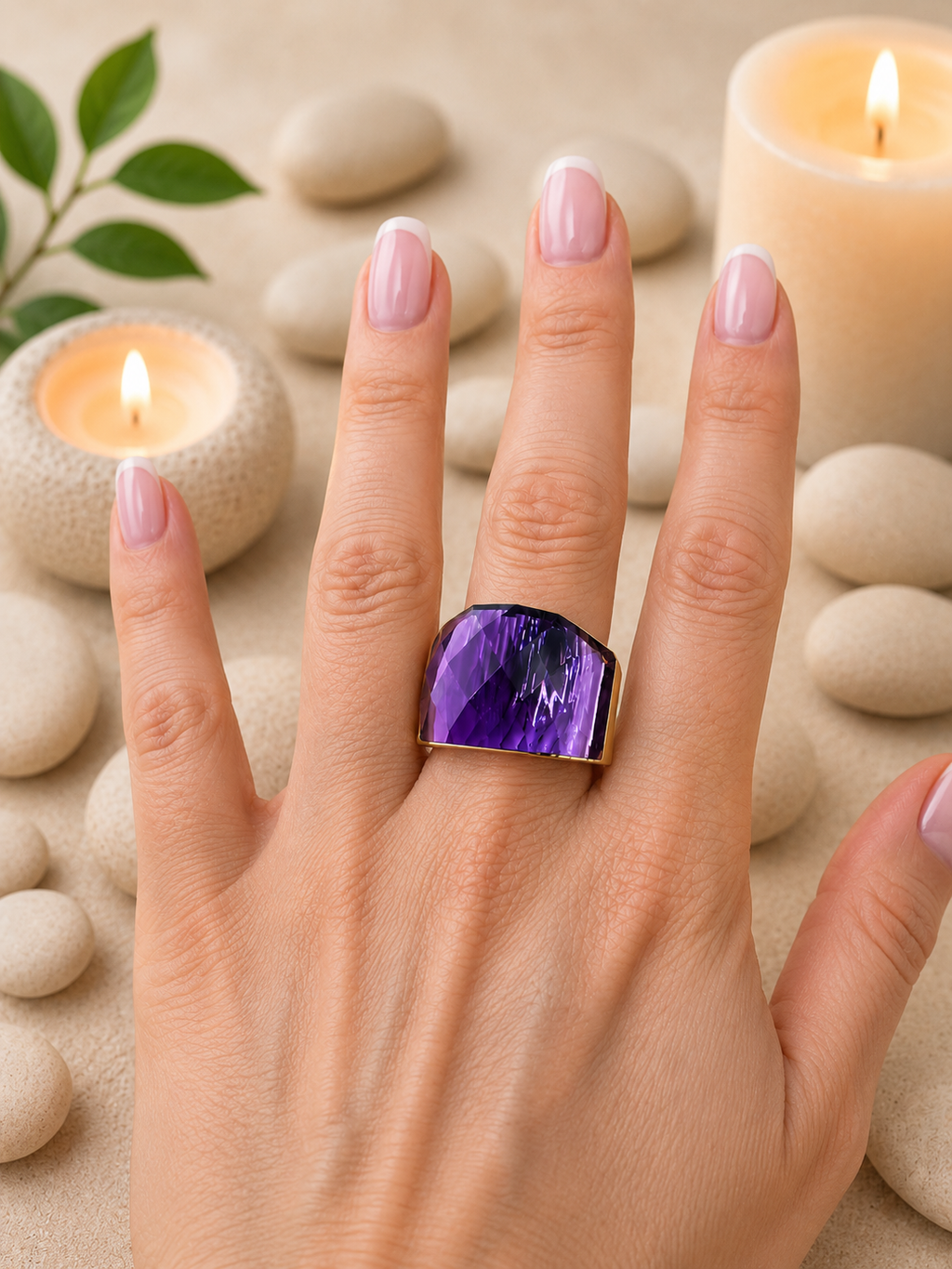 Bague acier inoxydable doré avec pierre Cristal Violet Taille 9