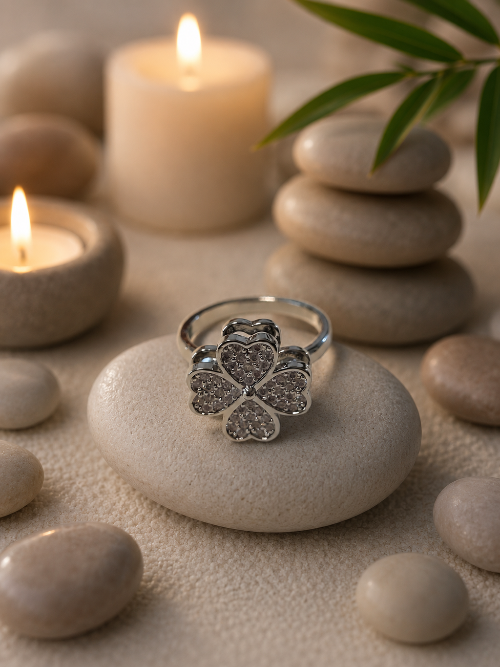 Bague acier inoxydable argenté ouverte trèfle rotatif zircon anti-stress - le trèfle tourne