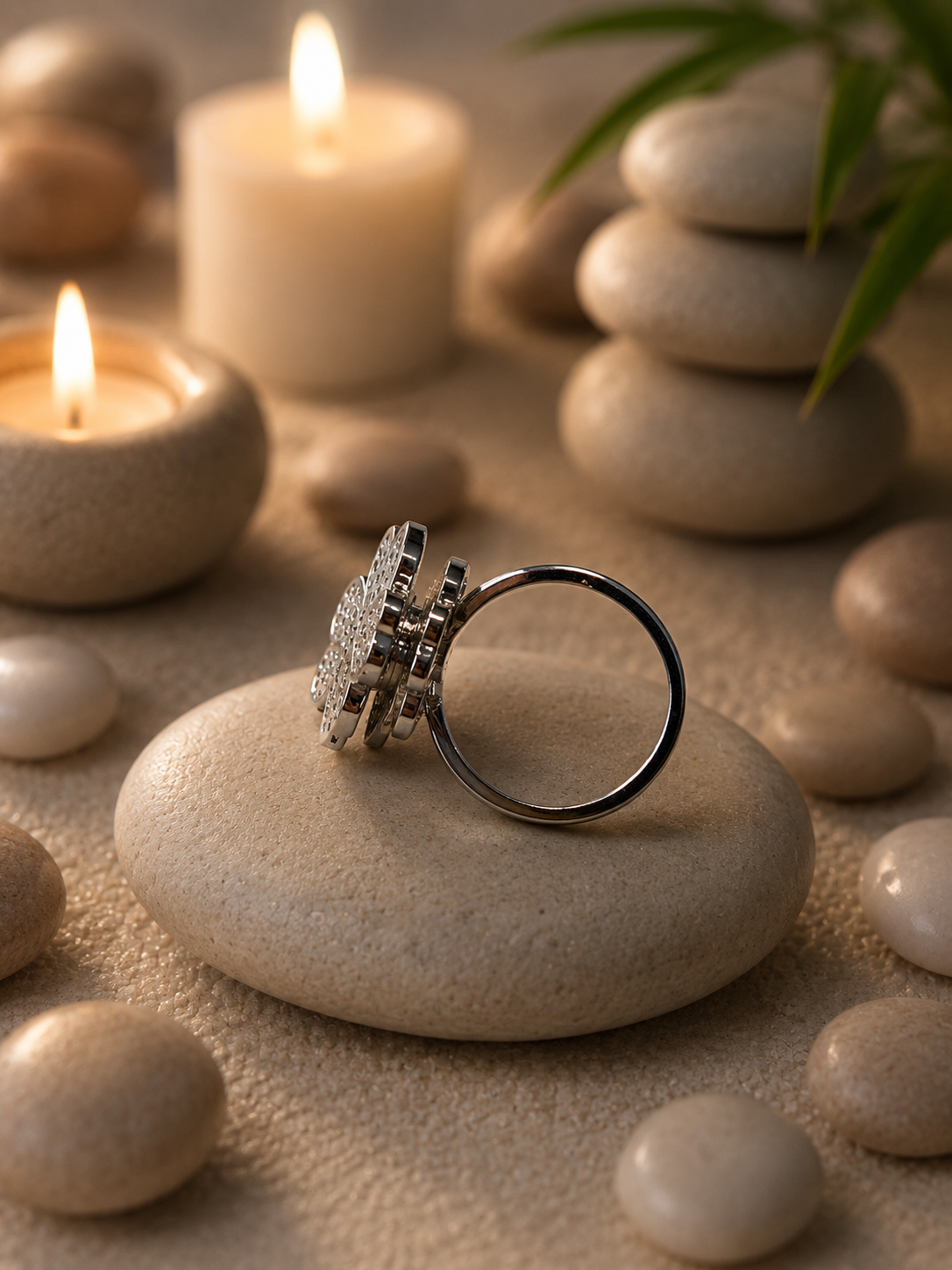 Bague acier inoxydable argenté ouverte trèfle rotatif zircon anti-stress - le trèfle tourne