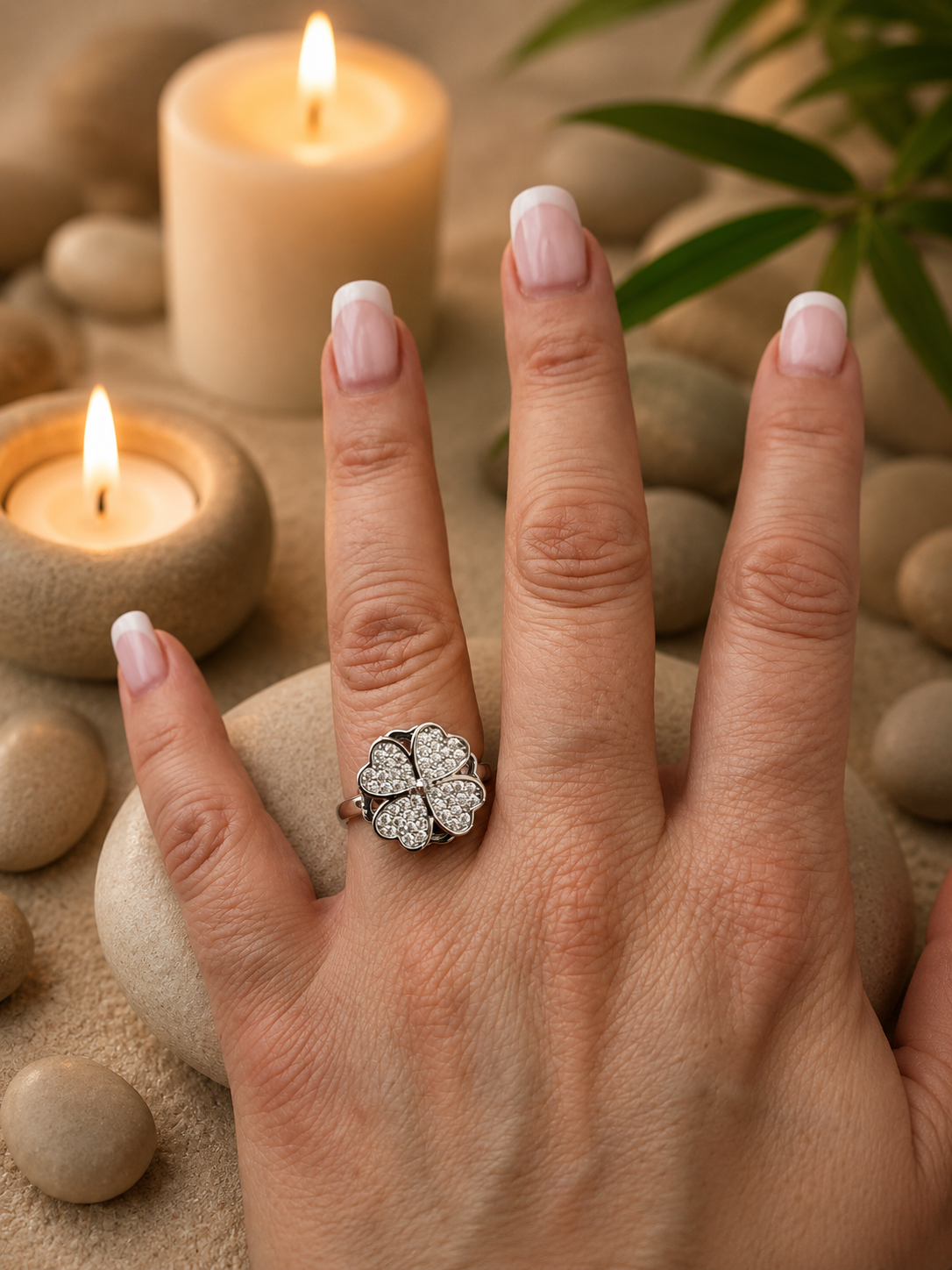 Bague acier inoxydable argenté ouverte trèfle rotatif zircon anti-stress - le trèfle tourne