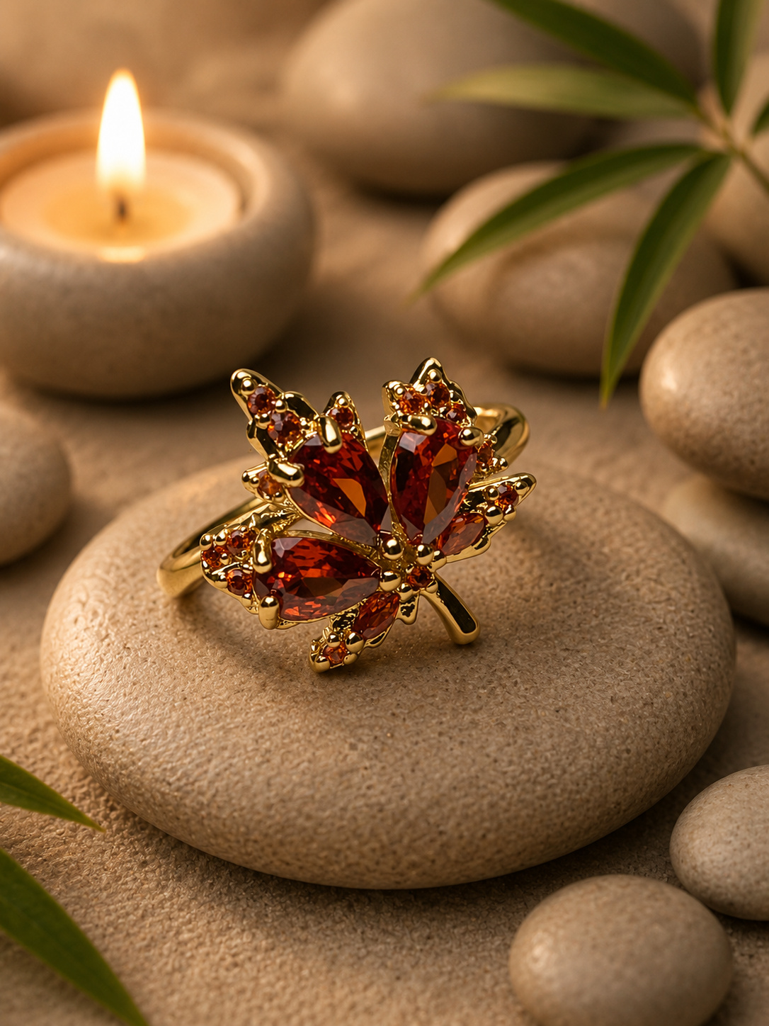Bague Ajustable Feuille & Zircons Rouges en Acier Inoxydable Doré – Élégante & Raffinée