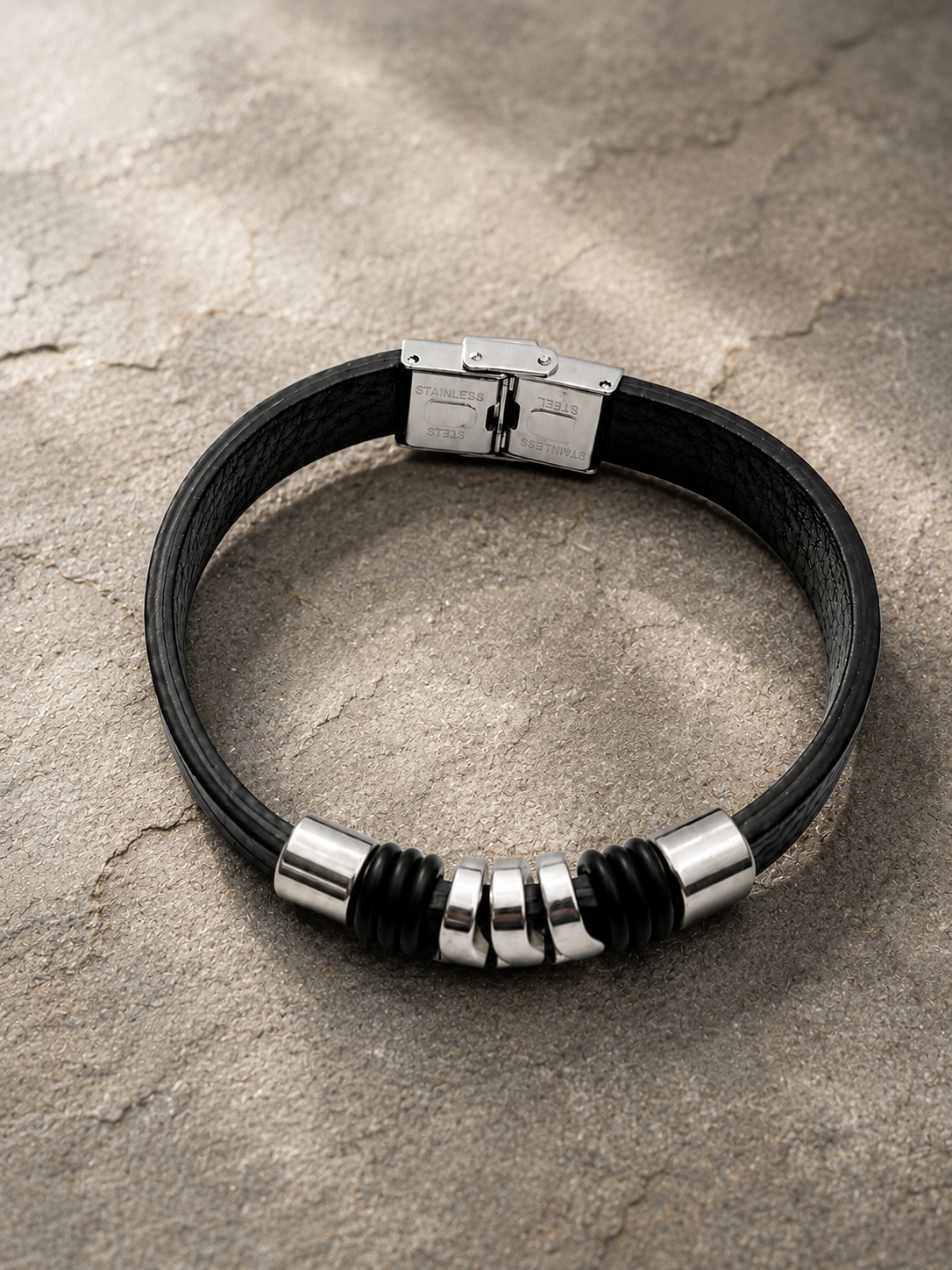 Bracciale da uomo in acciaio inossidabile nero e argento, 21 cm