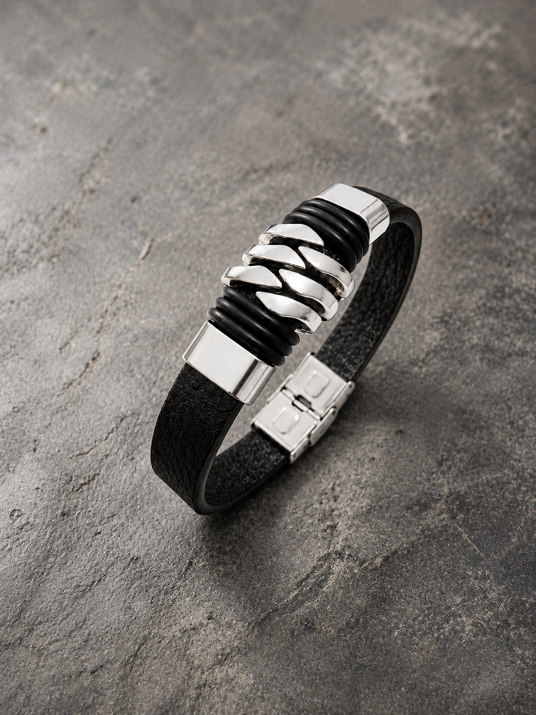 Bracciale da uomo in acciaio inossidabile nero e argento, 21 cm
