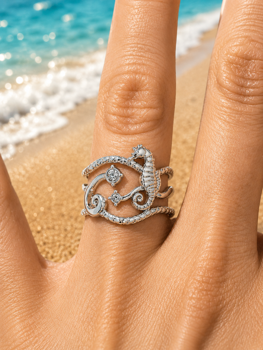 Anello regolabile ippocampo e stelle marine argentato