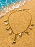 Collana dorata charms marini con palma e pietre rosa