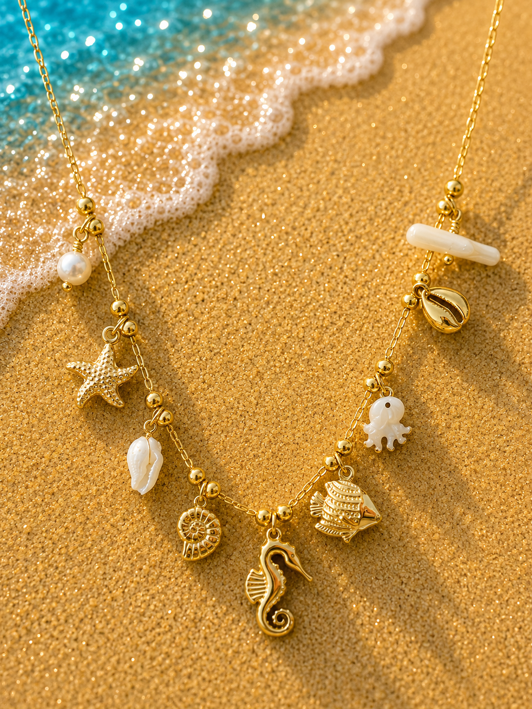 Collier Marin Poulpe Nacré Doré – Acier Inoxydable & Pendentifs Coquillages