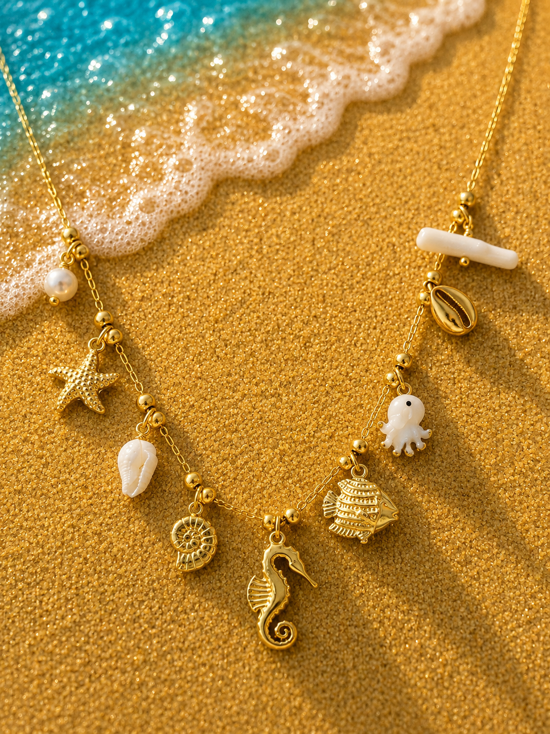 Collier Marin Poulpe Nacré Doré – Acier Inoxydable & Pendentifs Coquillages