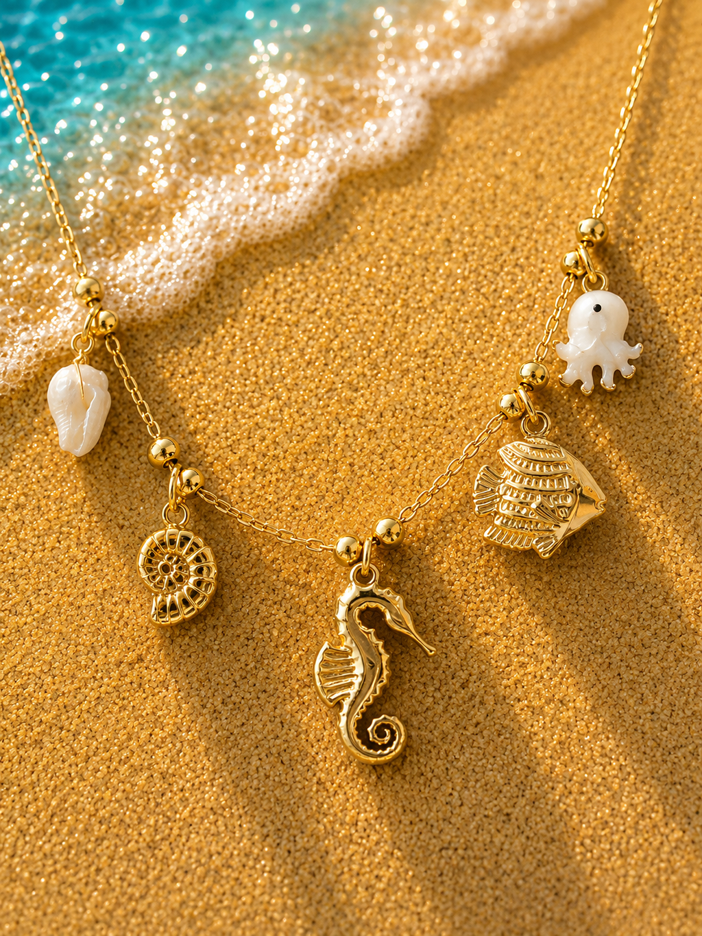 Collier Marin Poulpe Nacré Doré – Acier Inoxydable & Pendentifs Coquillages
