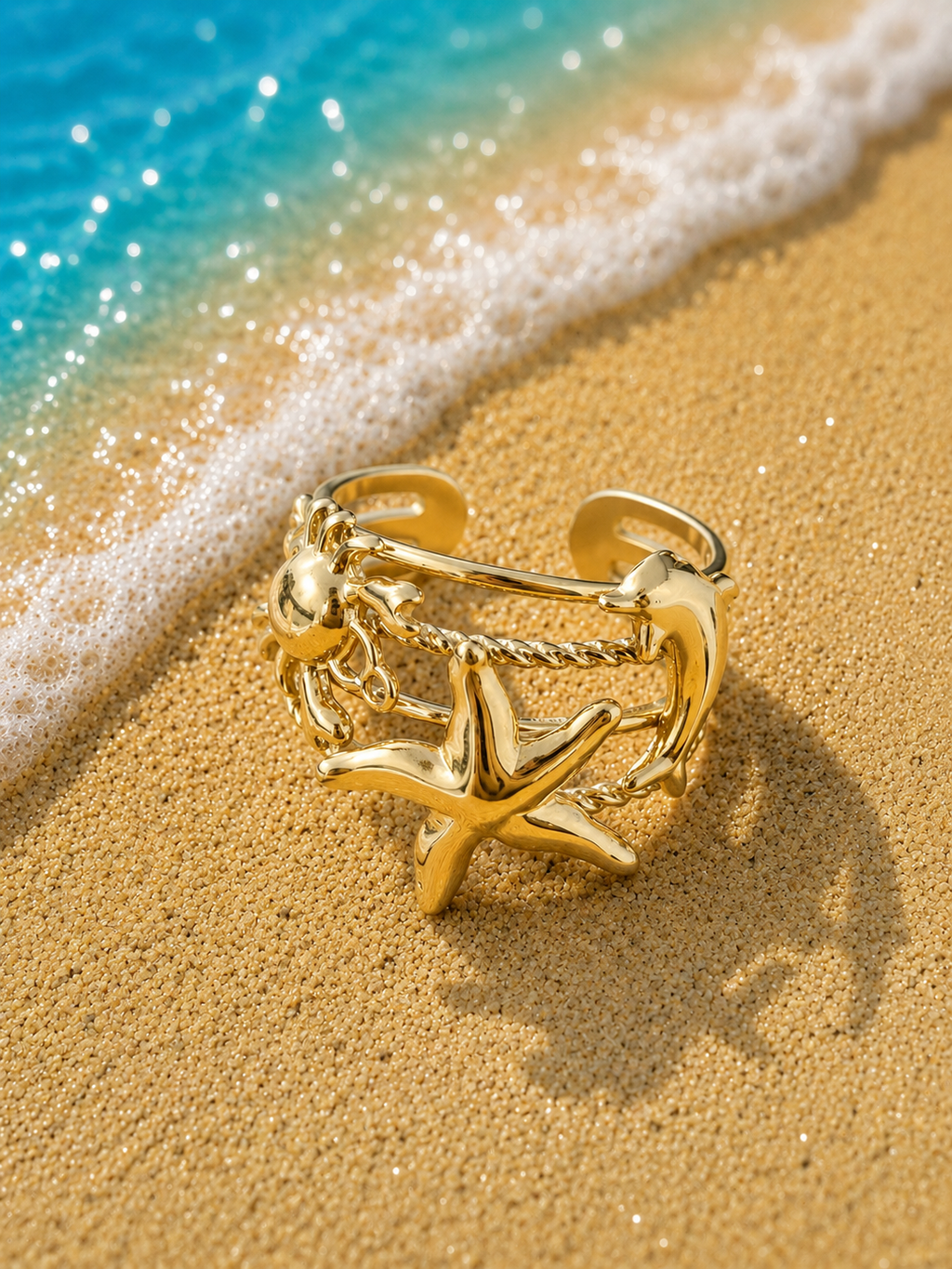 Bague ouverte étoile de mer et animaux marins doré