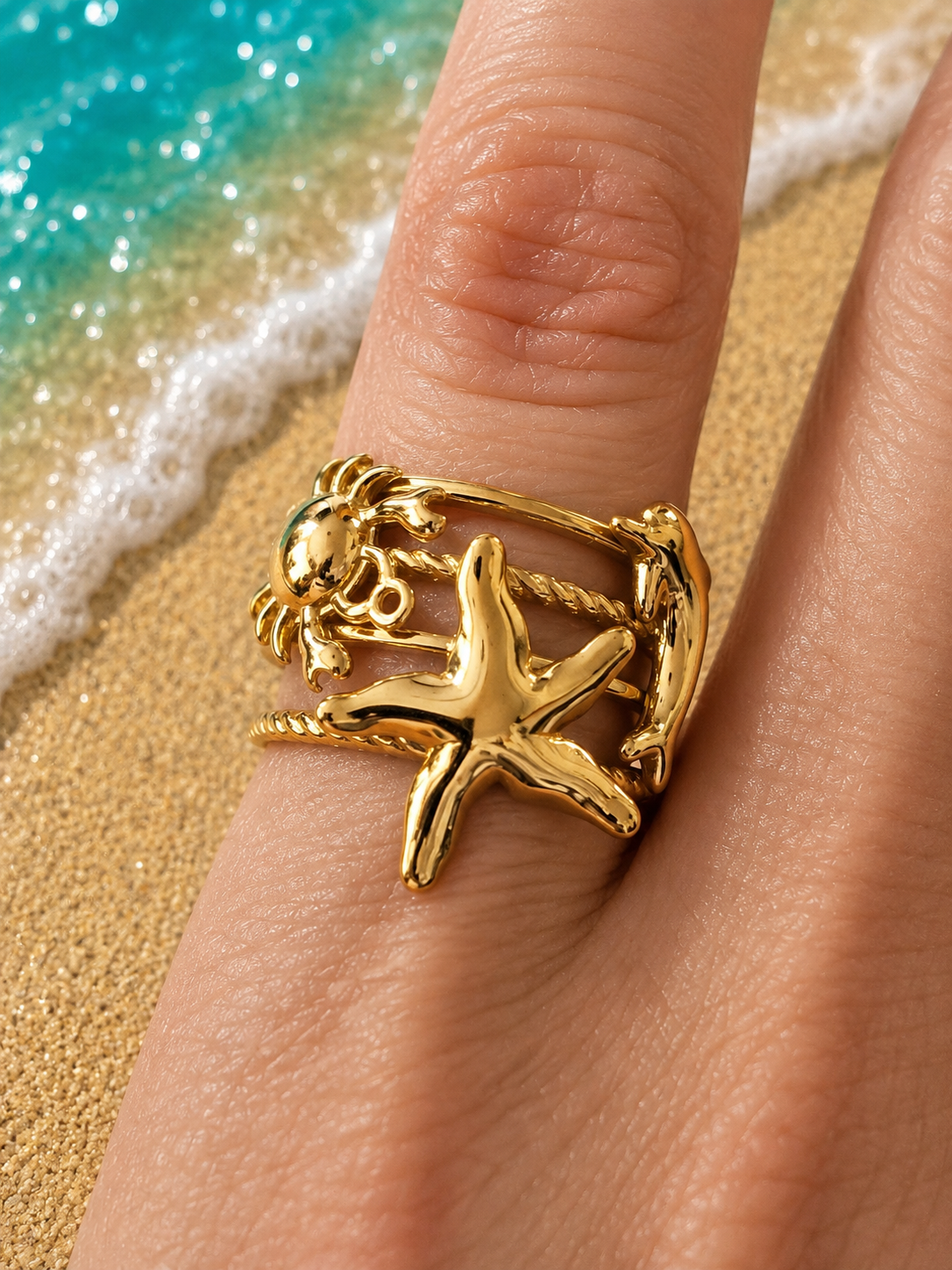 Bague ouverte étoile de mer et animaux marins doré