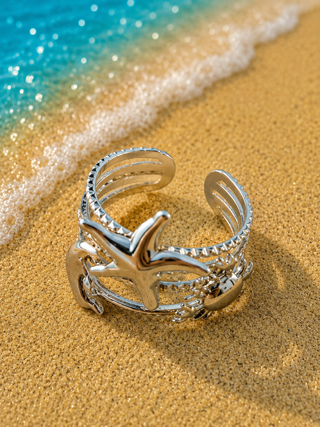 Bague ouverte étoile de mer et animaux marins argenté