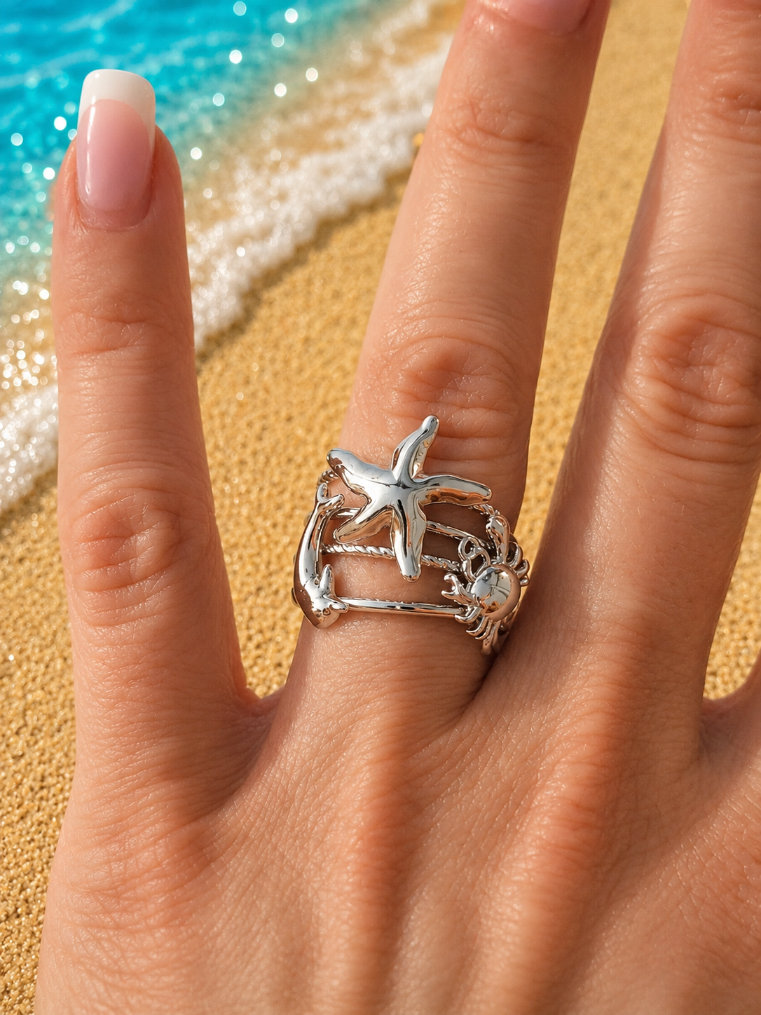 Bague ouverte étoile de mer et animaux marins argenté