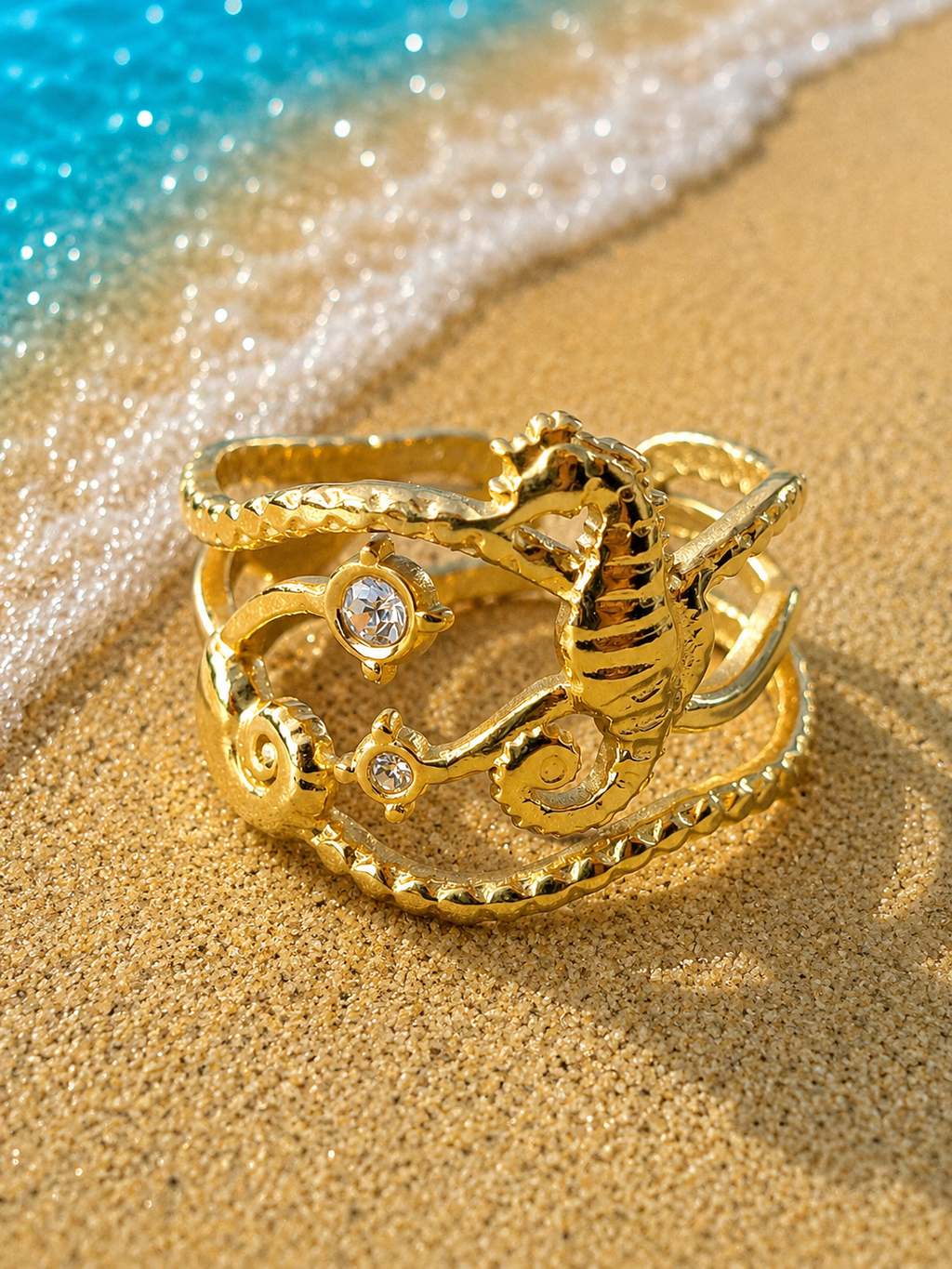 Bague ajustable hippocampe et étoiles marines doré