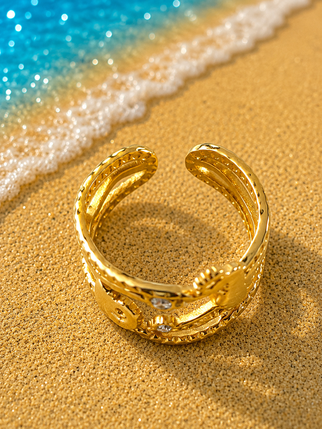 Bague ajustable hippocampe et étoiles marines doré
