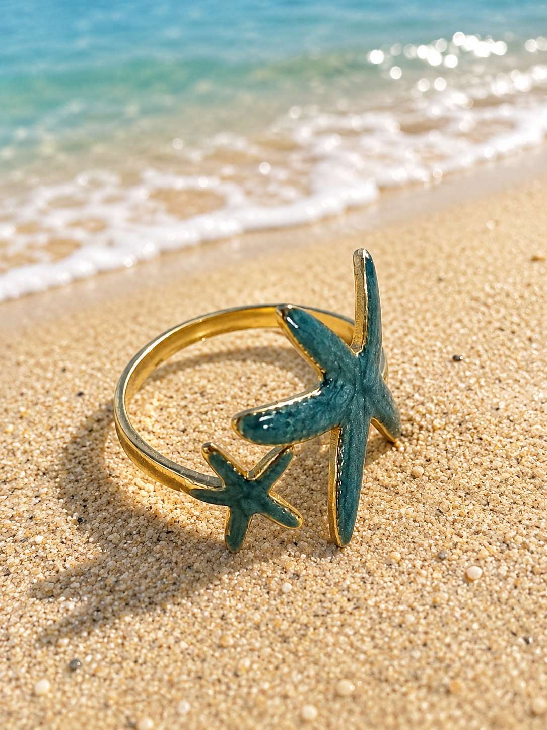 Bague Ouverte Réglable Étoile de Mer Bleue en Acier Inoxydable Doré