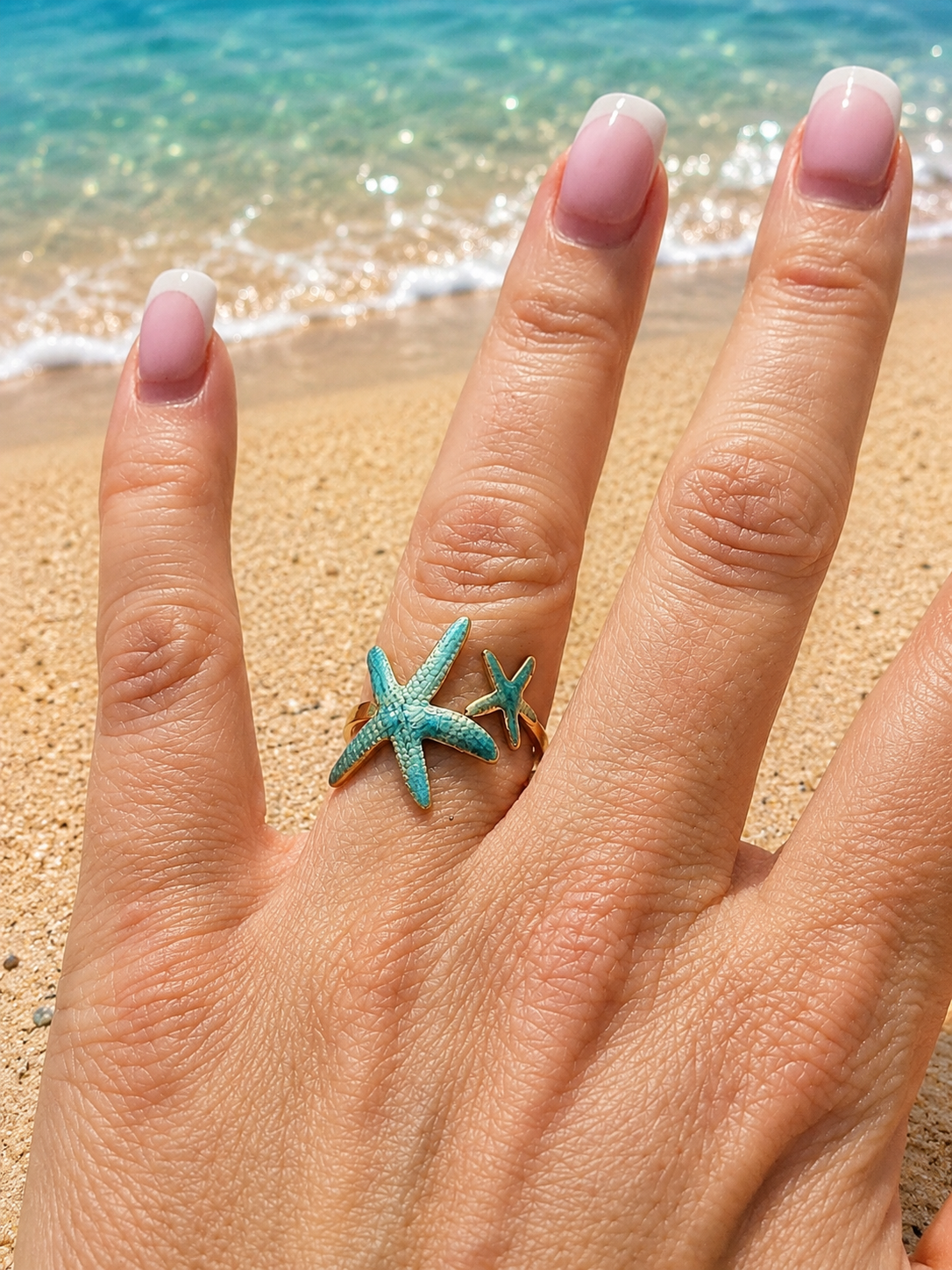 Bague Ouverte Réglable Étoile de Mer Bleue en Acier Inoxydable Doré