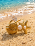 Bague Acier Inoxydable Doré Coquillage et Étoiles de Mer avec Perles