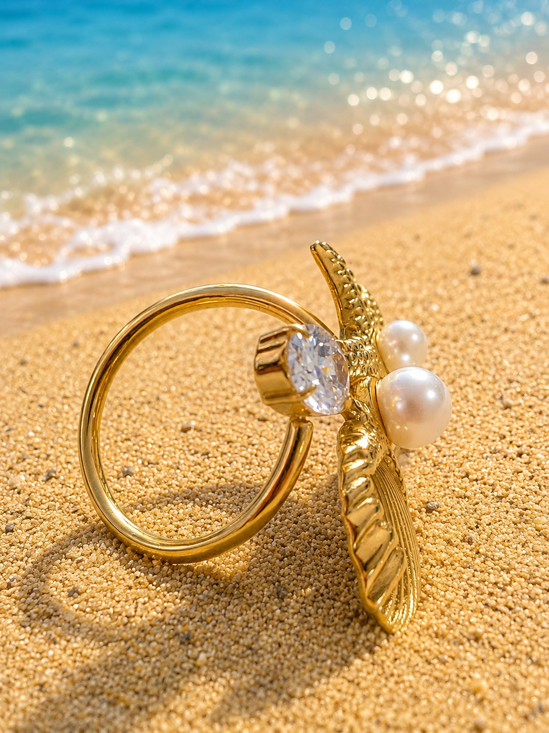 Bague Acier Inoxydable Doré Coquillage et Étoiles de Mer avec Perles