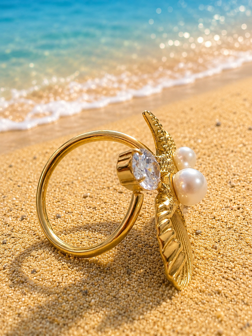 Bague Acier Inoxydable Doré Coquillage et Étoiles de Mer avec Perles