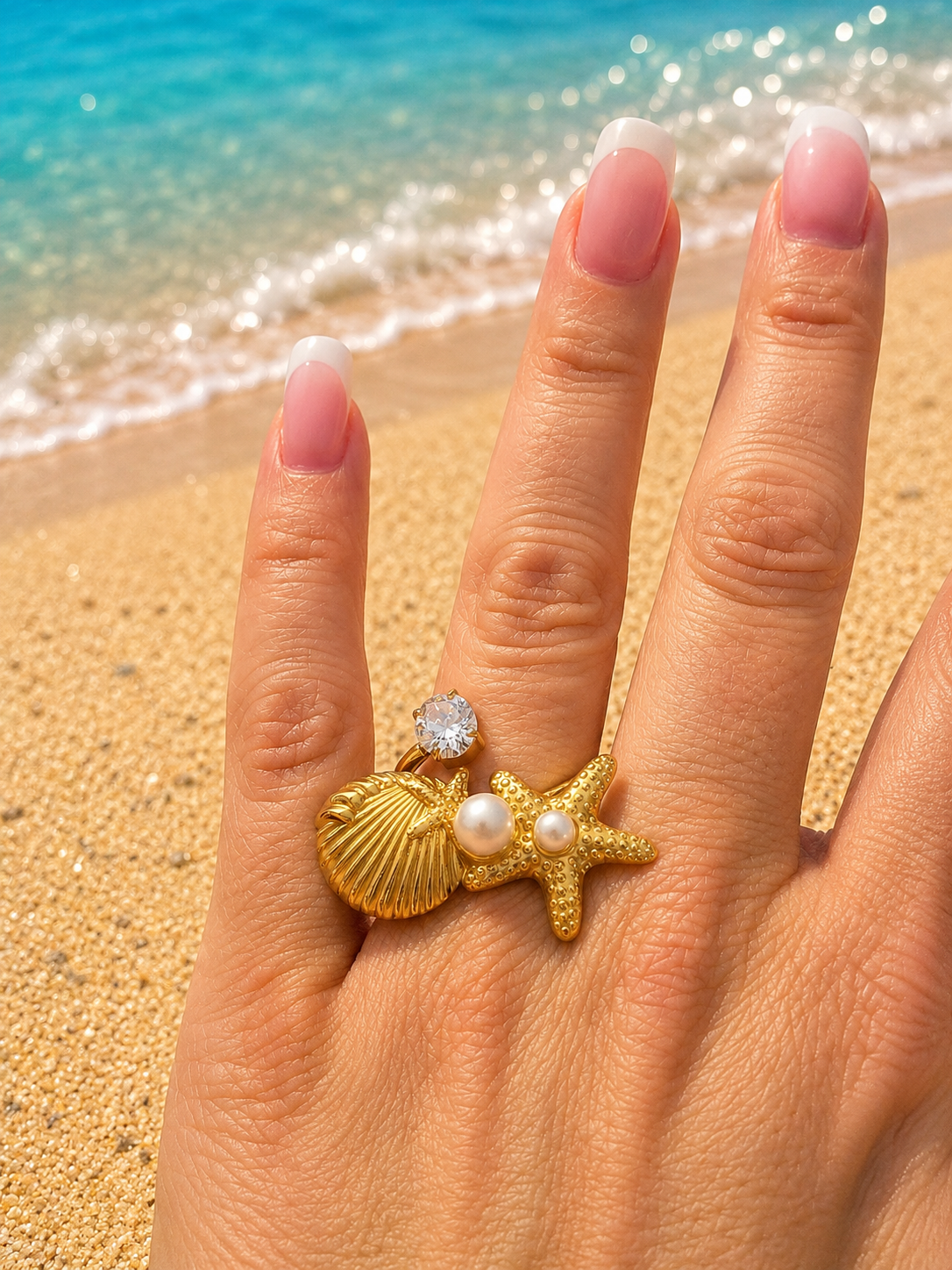 Bague Acier Inoxydable Doré Coquillage et Étoiles de Mer avec Perles
