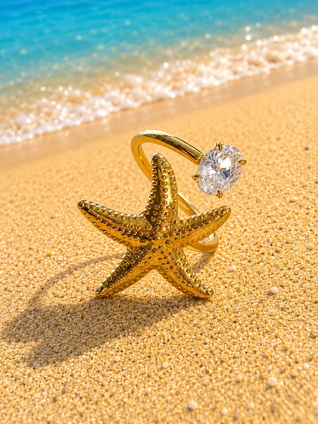 Bague Acier Inoxydable Doré Coquillage, Étoiles de Mer et Zircon