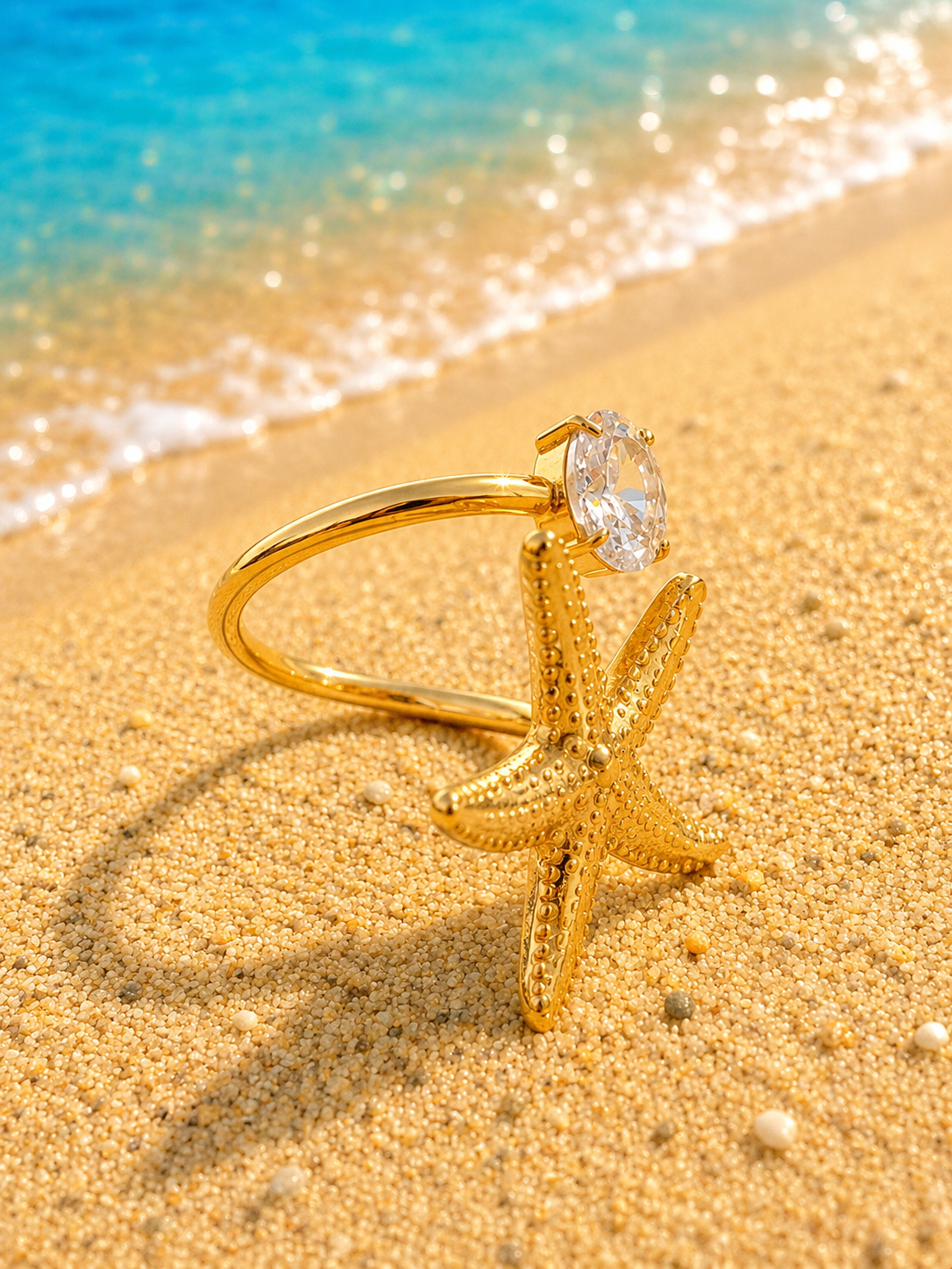 Bague Acier Inoxydable Doré Coquillage, Étoiles de Mer et Zircon