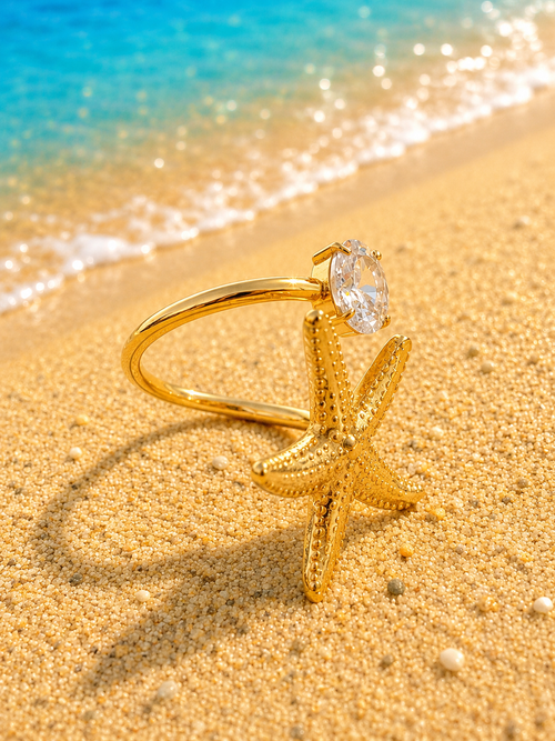 Bague Acier Inoxydable Doré Coquillage, Étoiles de Mer et Zircon