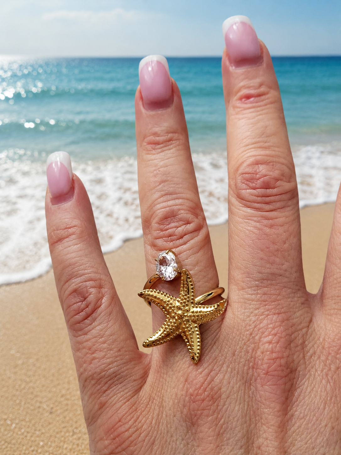 Bague Acier Inoxydable Doré Coquillage, Étoiles de Mer et Zircon