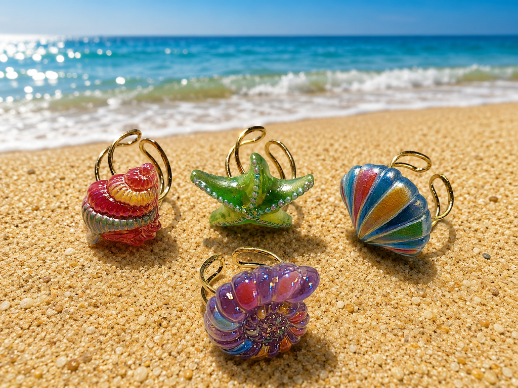 Lot de 4 bagues acryliques motif plage et mer